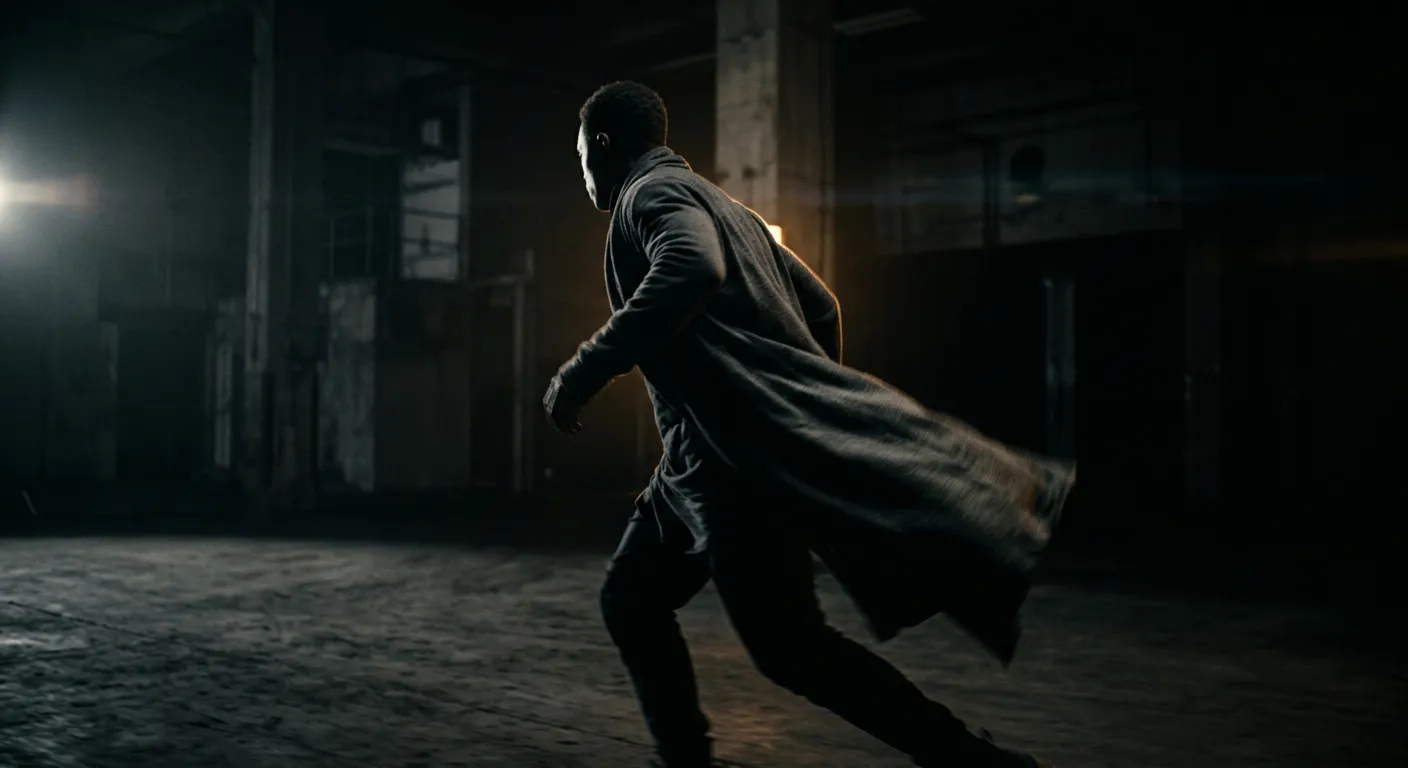 Cinematic film still — a figure caught mid-motion in a dark, dramatically lit space, the kind of brand film AI Brand Studio produces