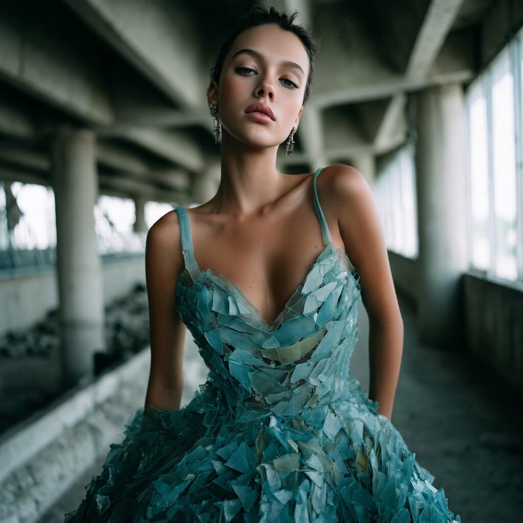 Brand Couture still — tighter frame of the blue-green glass-shard couture dress