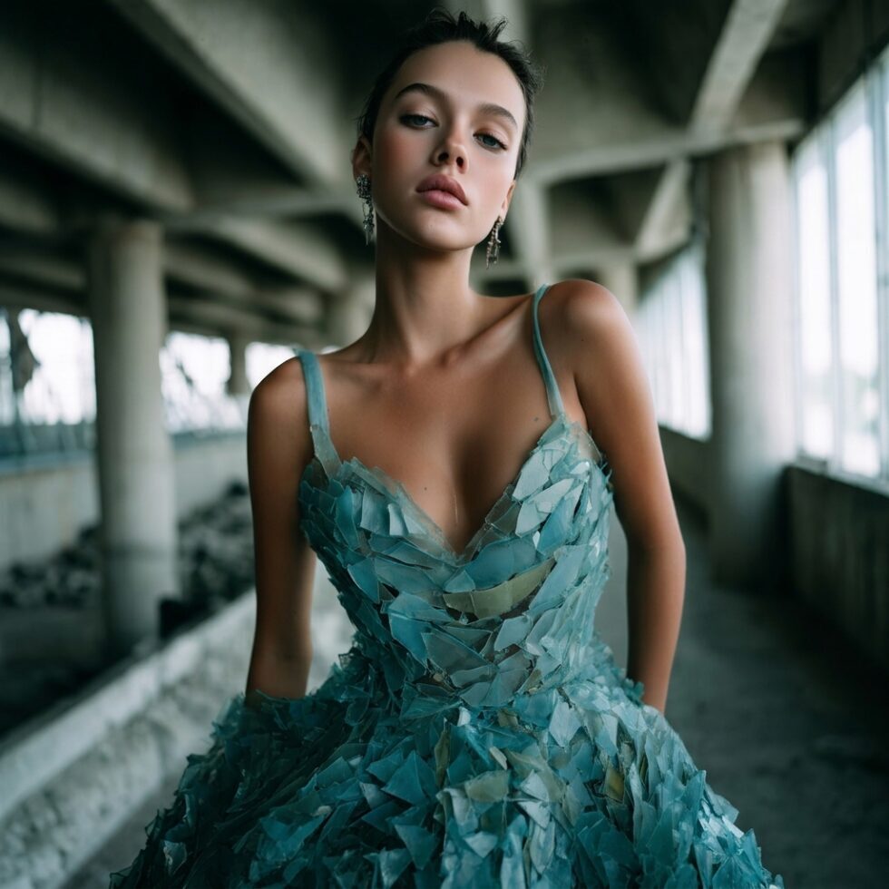 Brand Couture still — model in a blue-green glass-shard couture dress in a concrete interior