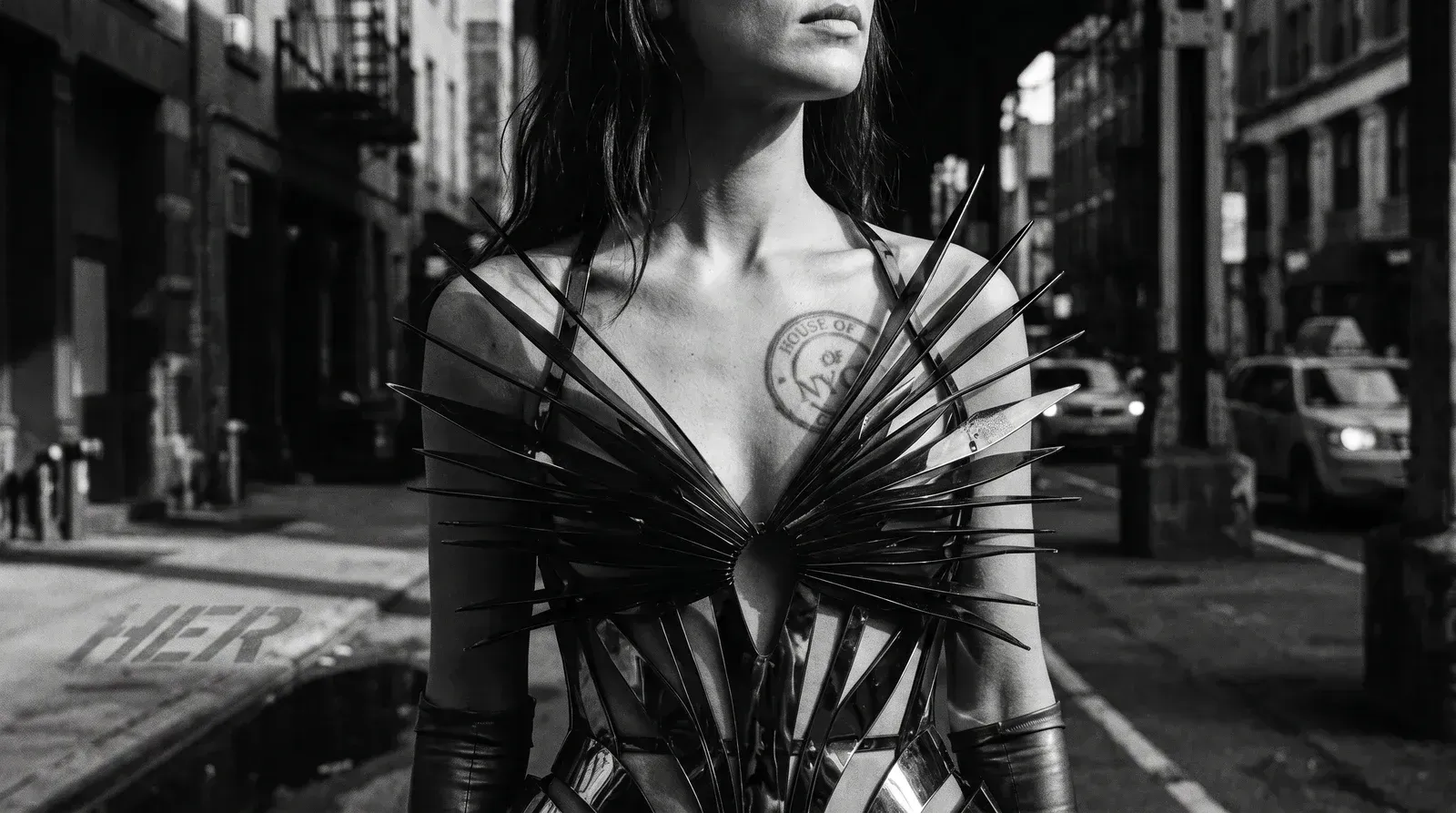 Black-and-white street-style still from HER — a woman in a spiked, sculptural metallic couture bodice on a lower-Manhattan street, a House of NYCe tattoo stamp at her collarbone, HER stenciled on the curb behind her