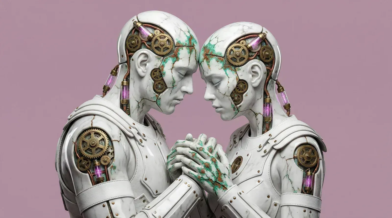 Two marble-and-gears steampunk android figures, faces cracked with green patina, embracing forehead to forehead against a dusty rose background