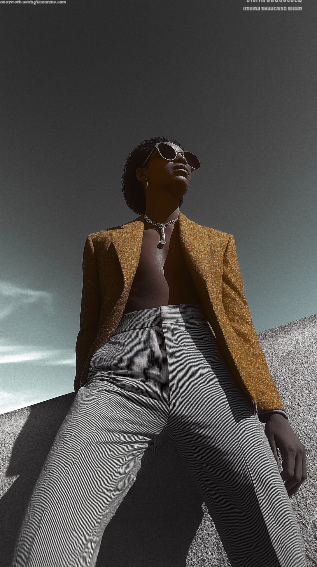 High-fashion editorial — low-angle figure in a mustard blazer against a graphic sky