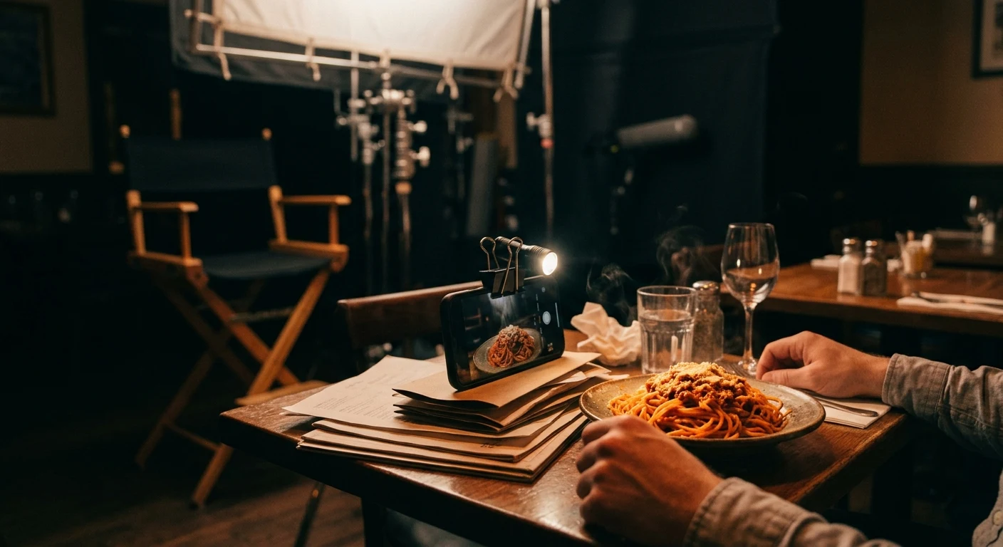 A smartphone propped on a stack of takeout menus, its flashlight clipped on with a binder clip to light a steaming plate of pasta, while an unused, oversized Hollywood-style light rig and director's chair sit dark in the background