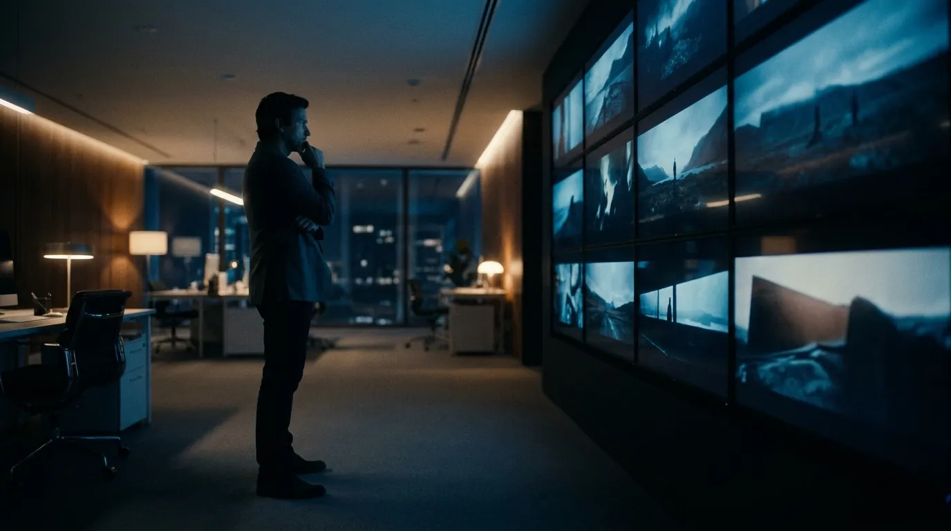 A silhouetted figure stands alone in a dark modern agency office at night, studying a wall of glowing screens displaying different cinematic scenes