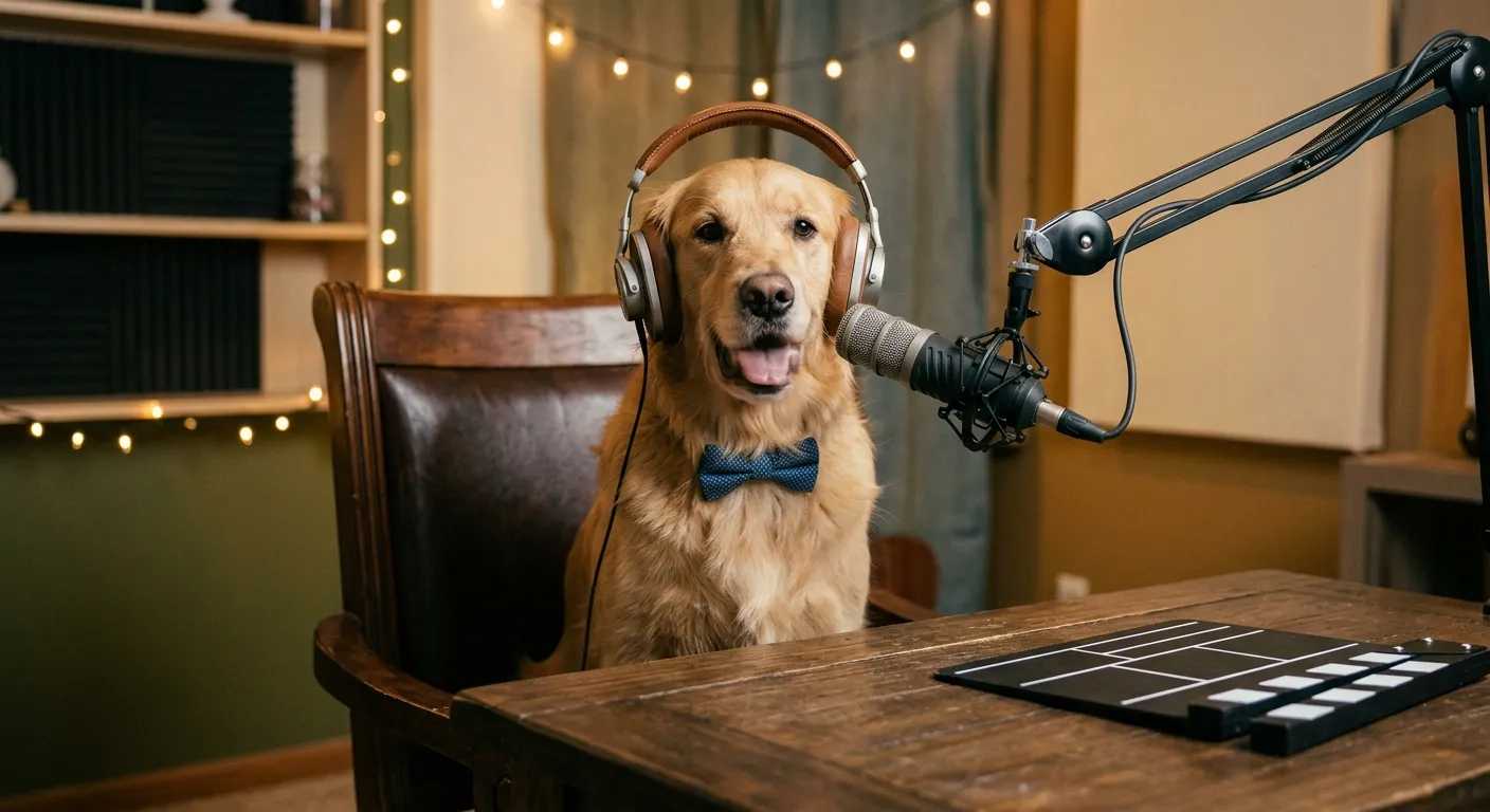 A golden retriever wearing a bow tie and studio headphones sits at a wooden podcast desk in a warm, string-lit recording studio, a boom microphone angled toward its face and a blank clapperboard resting nearby