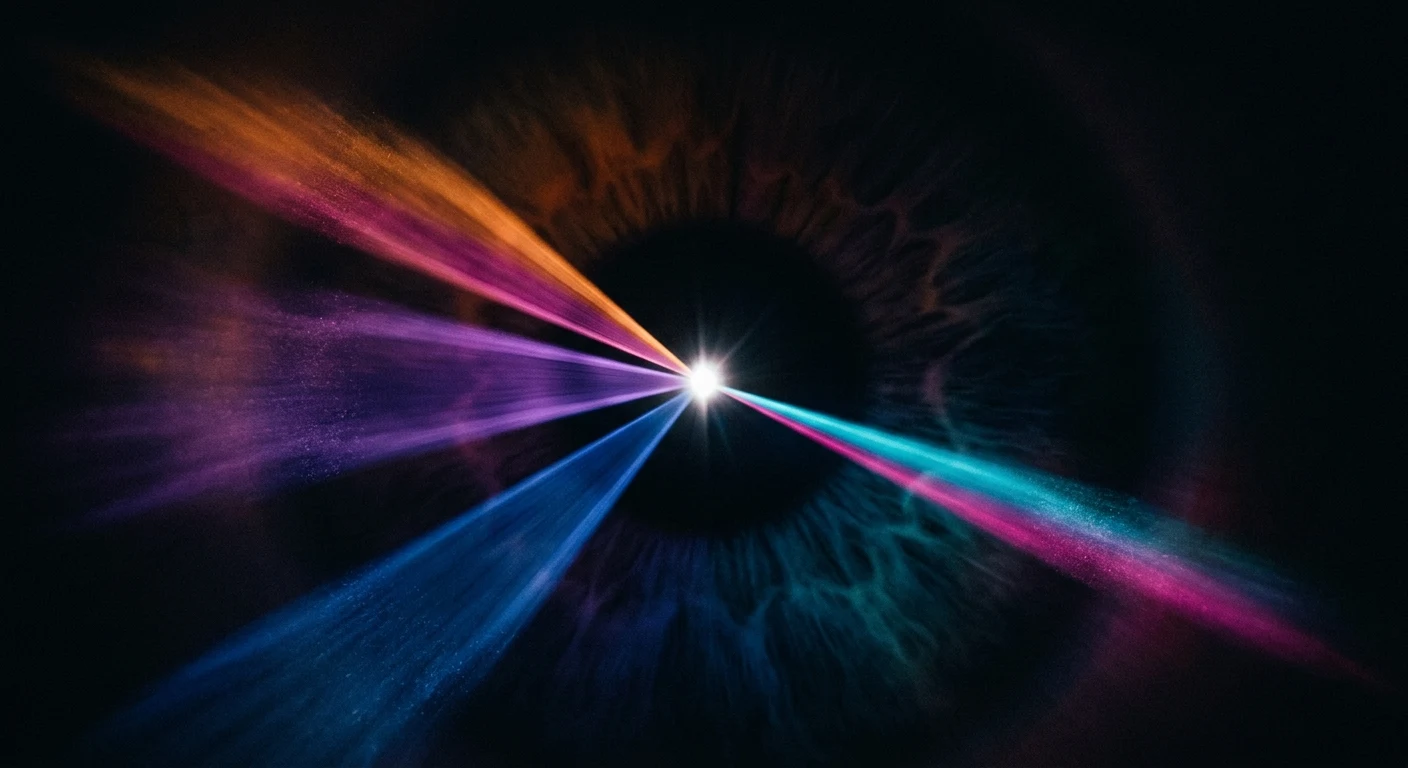 Abstract macro image of an iris with a single bright focal point at its center, four thin rays of orange, magenta, blue, and purple light diverging outward — ARP Visuals' spectral motif rendered as a study in attention and focus