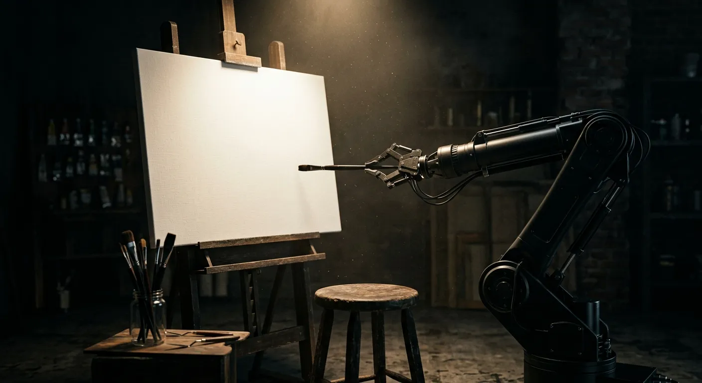 A blank white canvas on an artist's easel under a warm spotlight in an otherwise dark studio, an empty wooden stool and a jar of untouched paintbrushes in the foreground, while a sleek matte-black mechanical arm reaches from the shadows with a paintbrush poised at the canvas's edge, about to make the first mark