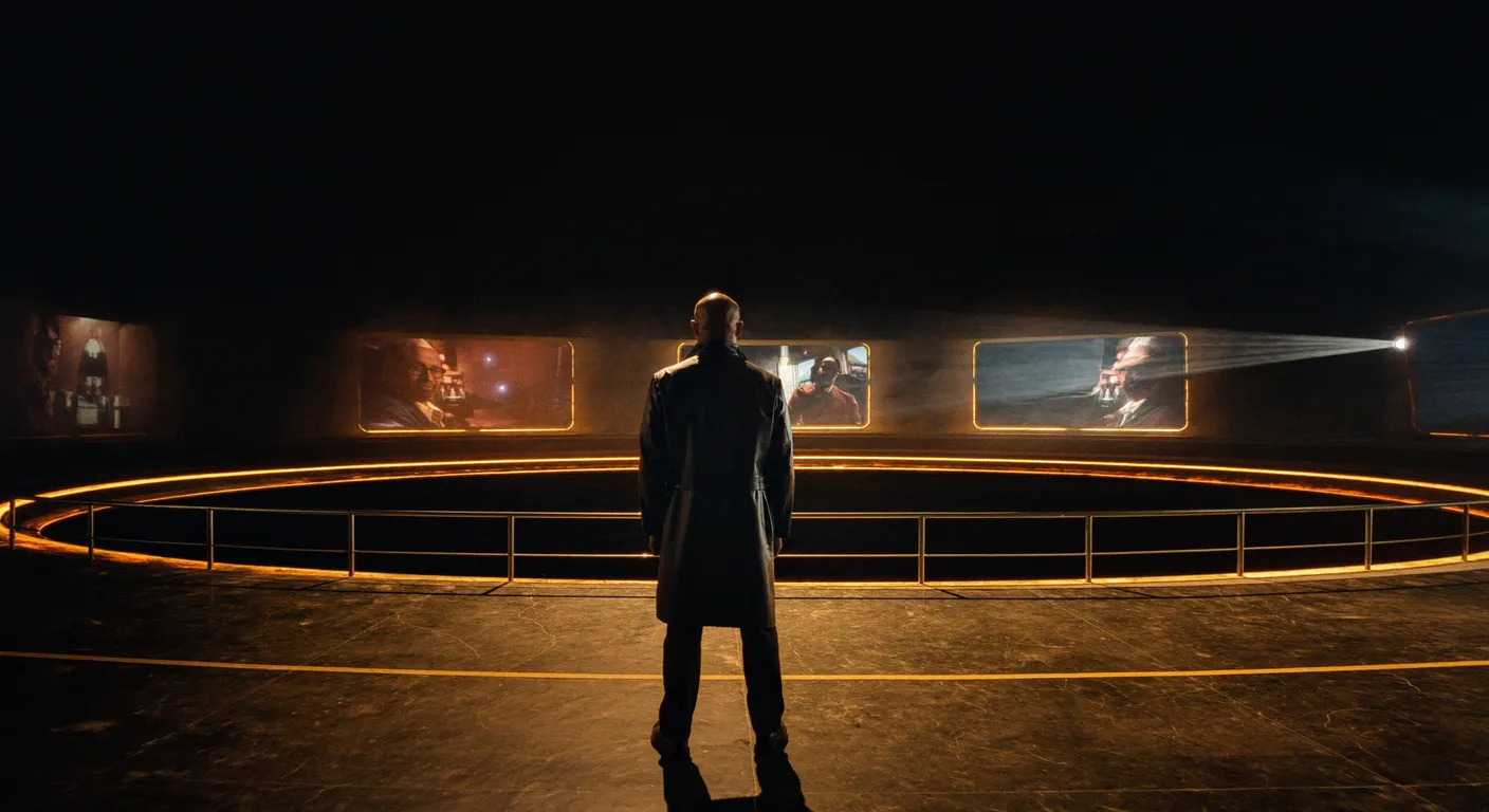A figure in a long dark coat, seen from behind, stands on a circular platform ringed in glowing amber light inside a dark screening room, facing a curved wall of illuminated film screens as a projector beam cuts through the haze