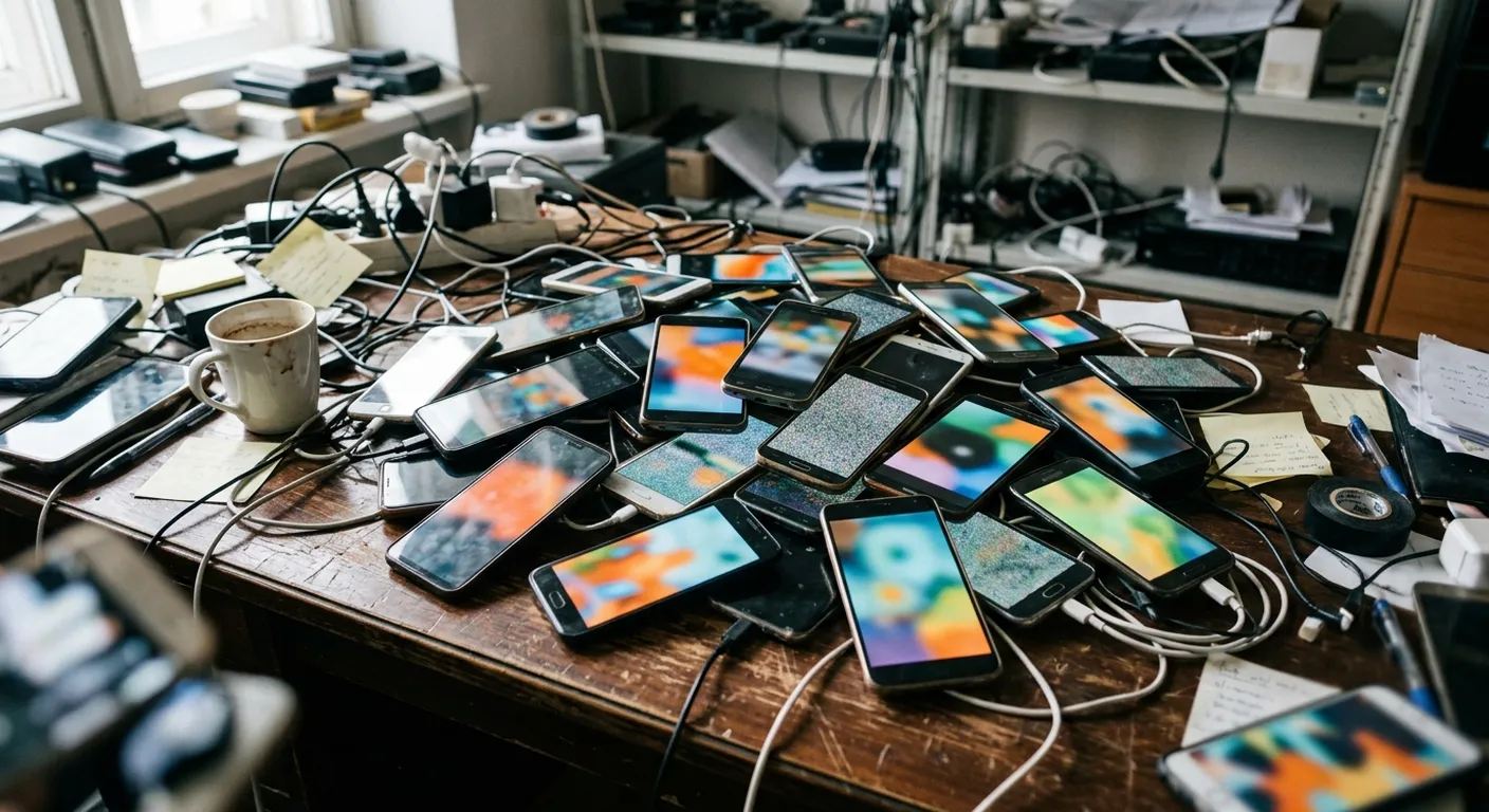 A cluttered desk piled with dozens of smartphones tangled in charging cables, each screen glowing with a different generic, faceless video thumbnail
