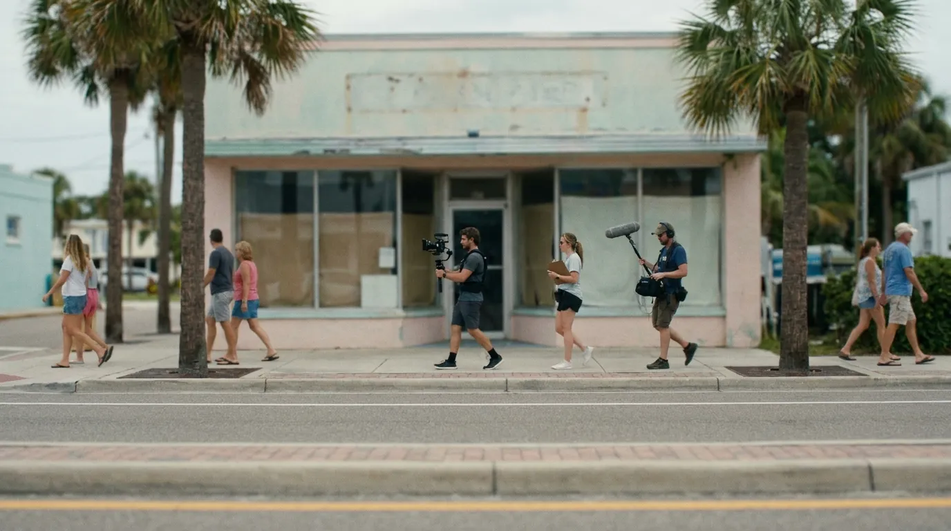 A small film crew — camera operator, script supervisor, boom mic operator — walks along a Florida street lined with palm trees past a pastel storefront, shooting on location