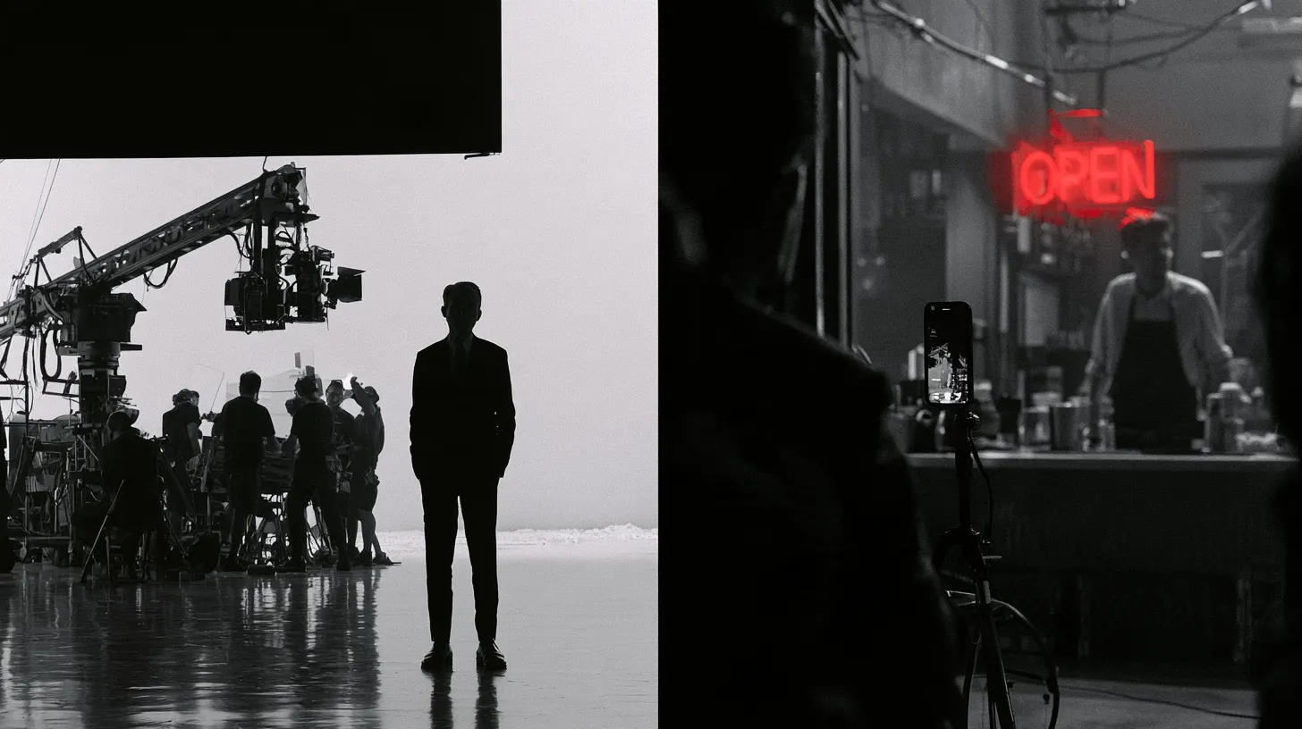 Cinematic black-and-white split composition: on the left, a lone silhouetted figure stands before a full film crew, camera crane, and lighting rig on a vast fogbound set; on the right, a phone on a small tripod films a shopkeeper behind the counter of a shop, its neon OPEN sign glowing