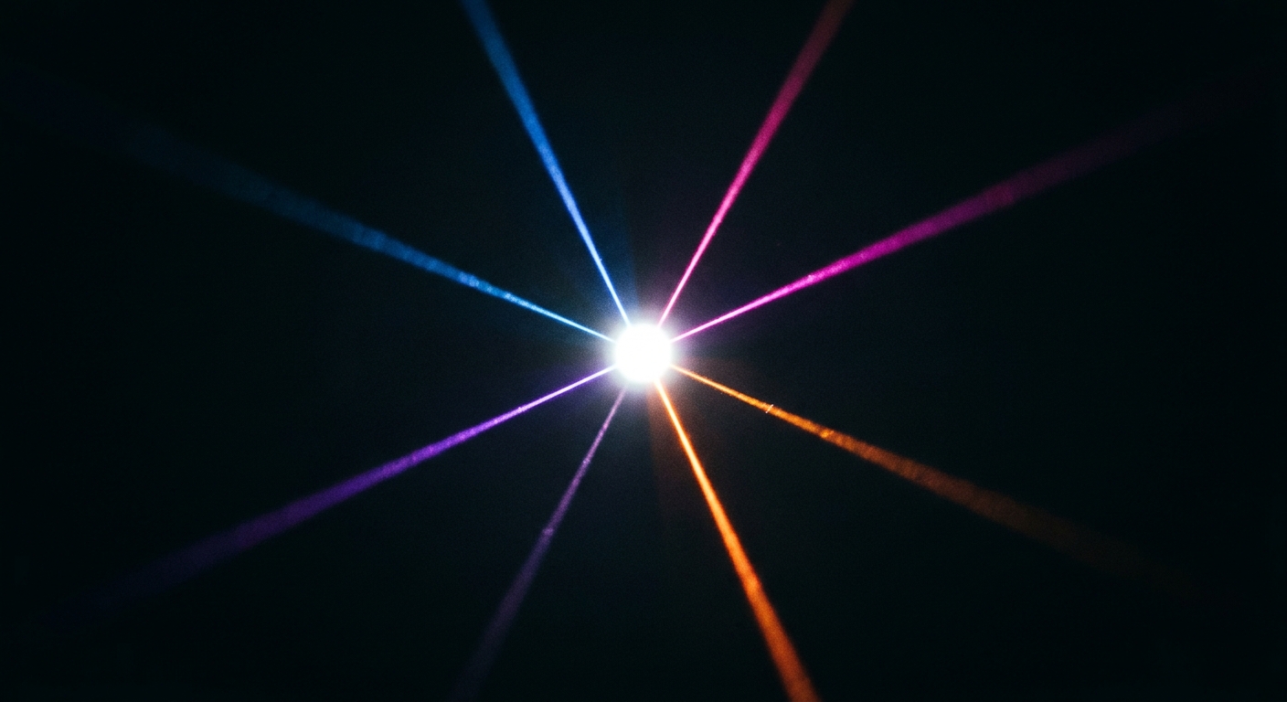 Abstract macro photograph of a single brilliant white point of light in total darkness, frozen at the instant before it splits into four diverging rays of orange, magenta, blue, and purple