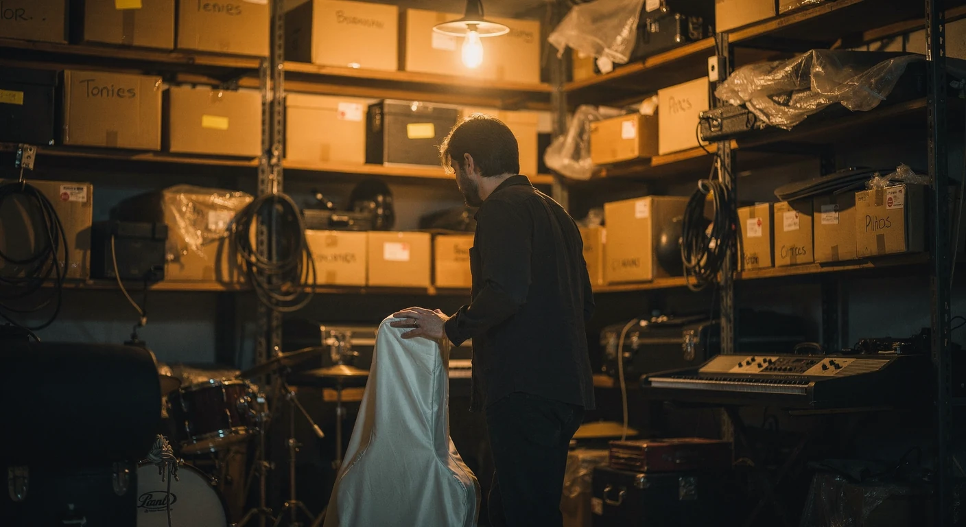 A man seen from behind in a dim storage room lined with shelves of boxed gear, draping a cover over an instrument case beneath a single hanging bulb