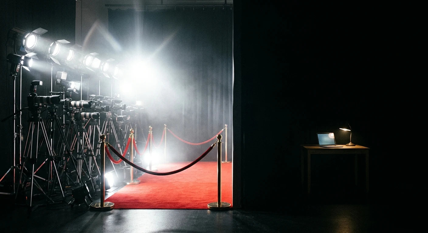 A wall of press cameras and spotlights blazing on an empty red-carpet stage, roped off on the left; past a sharp dark edge on the right, a single laptop glows under a small desk lamp, alone in near total darkness