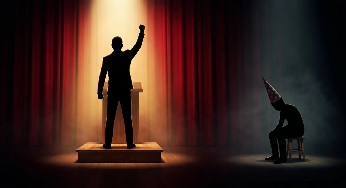 A theatrical stage split into two scenes: on the right, an anonymous silhouetted figure stands triumphant at a podium under a brilliant warm spotlight, fist raised; alone in a dim corner on the left, a second anonymous silhouetted figure sits slumped on a stool wearing an oversized dunce cap, unlit and head down