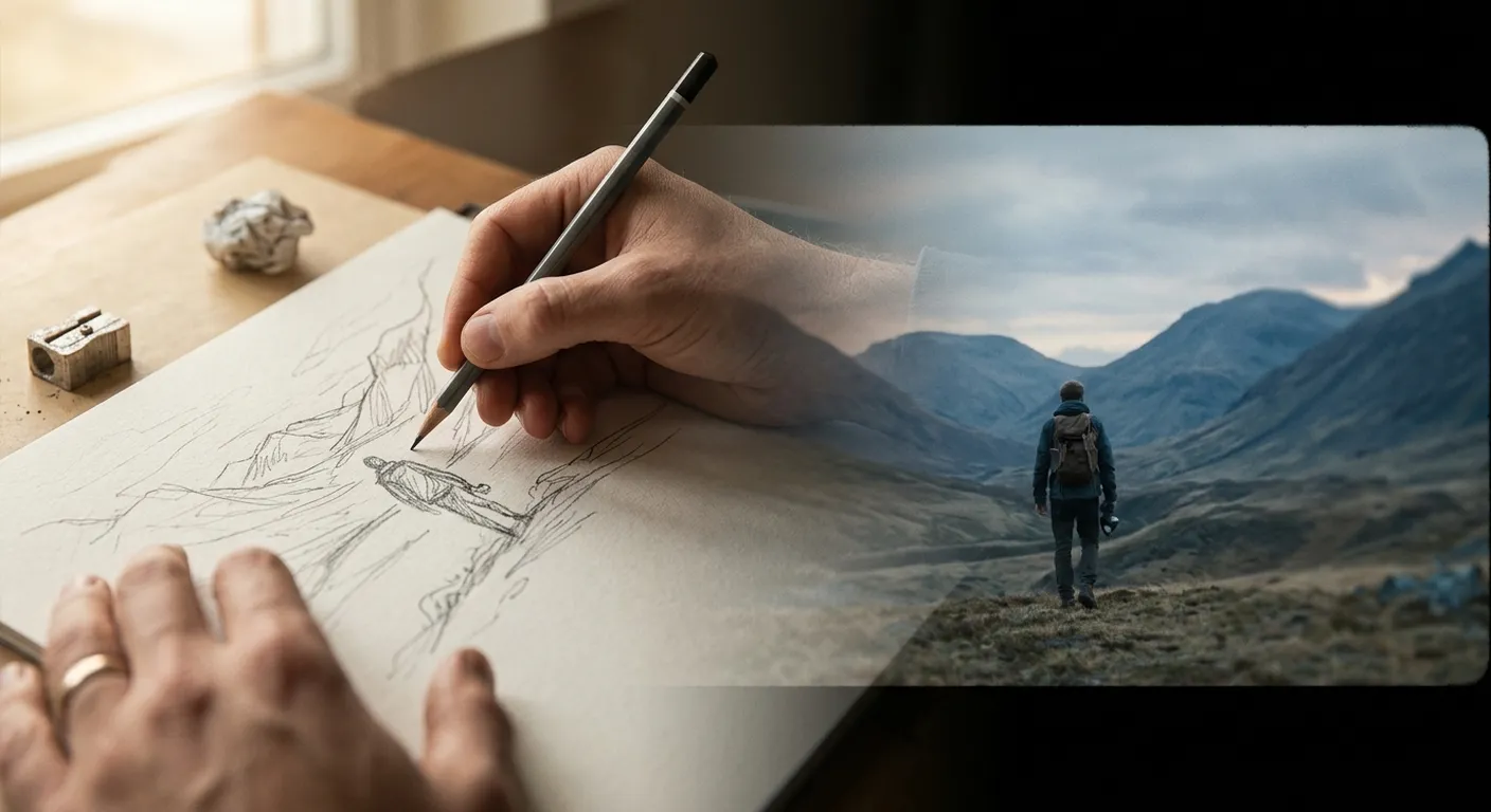 A split composition: on the left a hand sketches a mountain landscape in pencil on paper, the graphite lines dissolving on the right into a fully rendered cinematic scene of a lone hiker walking toward distant peaks