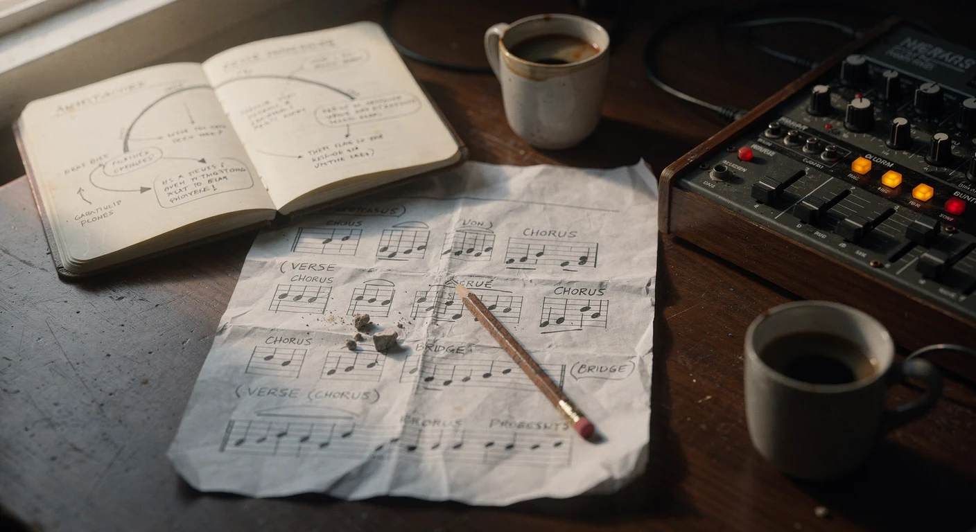 A handwritten notebook open beside a crumpled, coffee-stained sheet of hand-drawn song-structure notes marked verse, chorus, and bridge, a pencil resting across the page