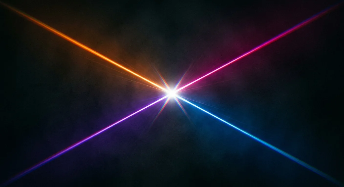 Abstract spectral light study — a single white point fracturing into four diverging rays of orange, magenta, purple, and blue, ARP Visuals' signature visual motif