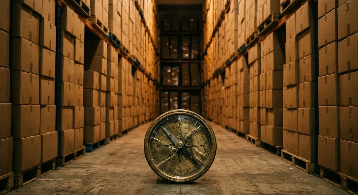 A warehouse aisle stacked floor-to-ceiling with identical brown boxes receding into the distance, and in the foreground on the concrete floor, a single cracked brass compass with its needle frozen pointing nowhere in particular
