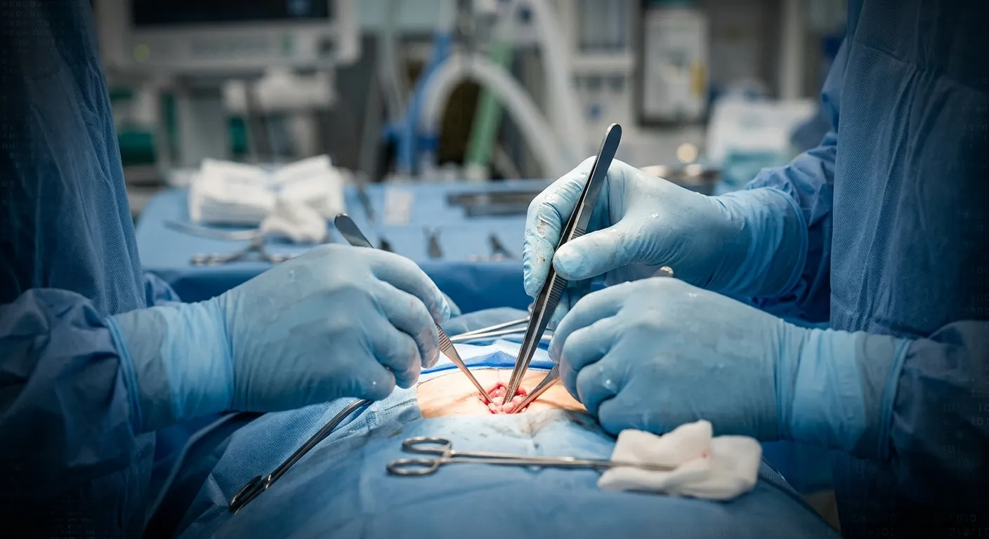 A surgeon's gloved hands, faces unseen, hold surgical instruments over an incision during a procedure, clinical equipment blurred in the background