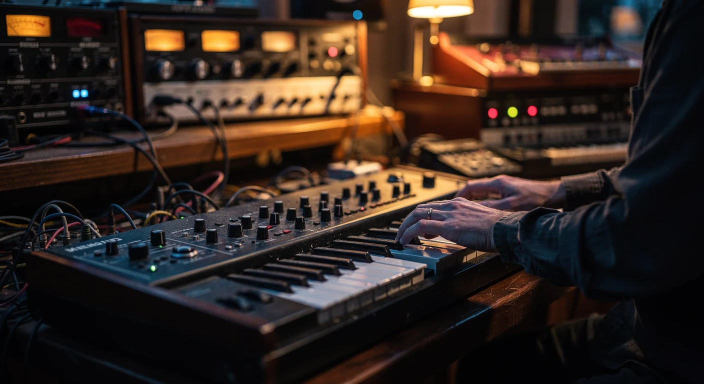 Close-up of a musician's hands on the keys of an analog synthesizer in a warm home studio, dials and rack gear glowing softly in the background