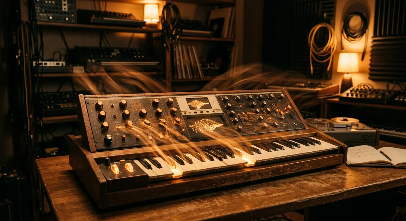 A vintage analog synthesizer glowing warmly in a cluttered home studio at night, its keys and waveform display trailing soft light like a held note