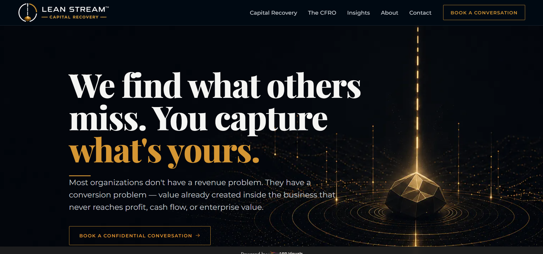 Homepage of leanstreamcr.com, built by ARP Visuals: "We find what others miss. You capture what's yours."