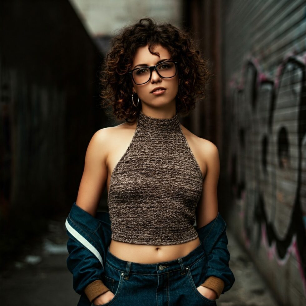 Synthetic talent — AI-generated model with curls in an urban alley