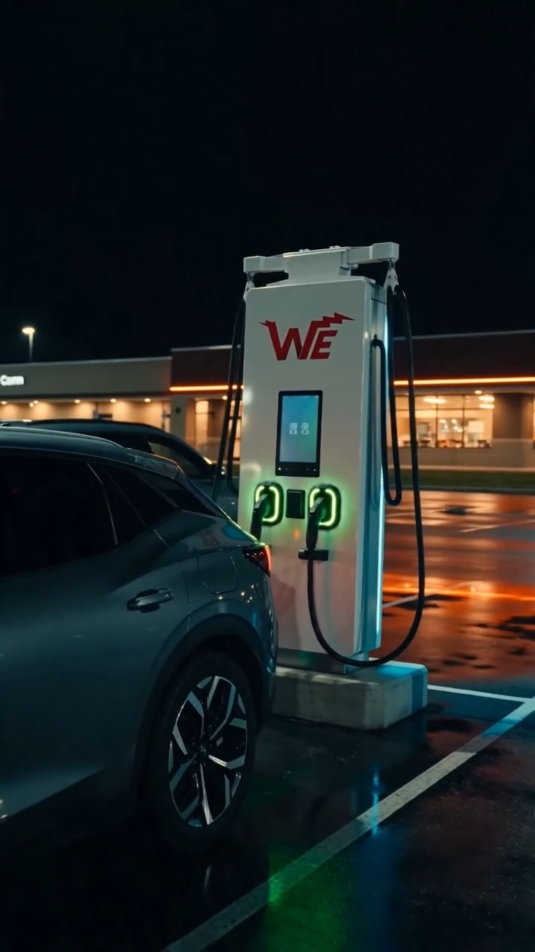 Frame from the Wallace Energy video "WE Have Arrived": a Wallace Energy EV charging station at night, with green connector lights beside an SUV.