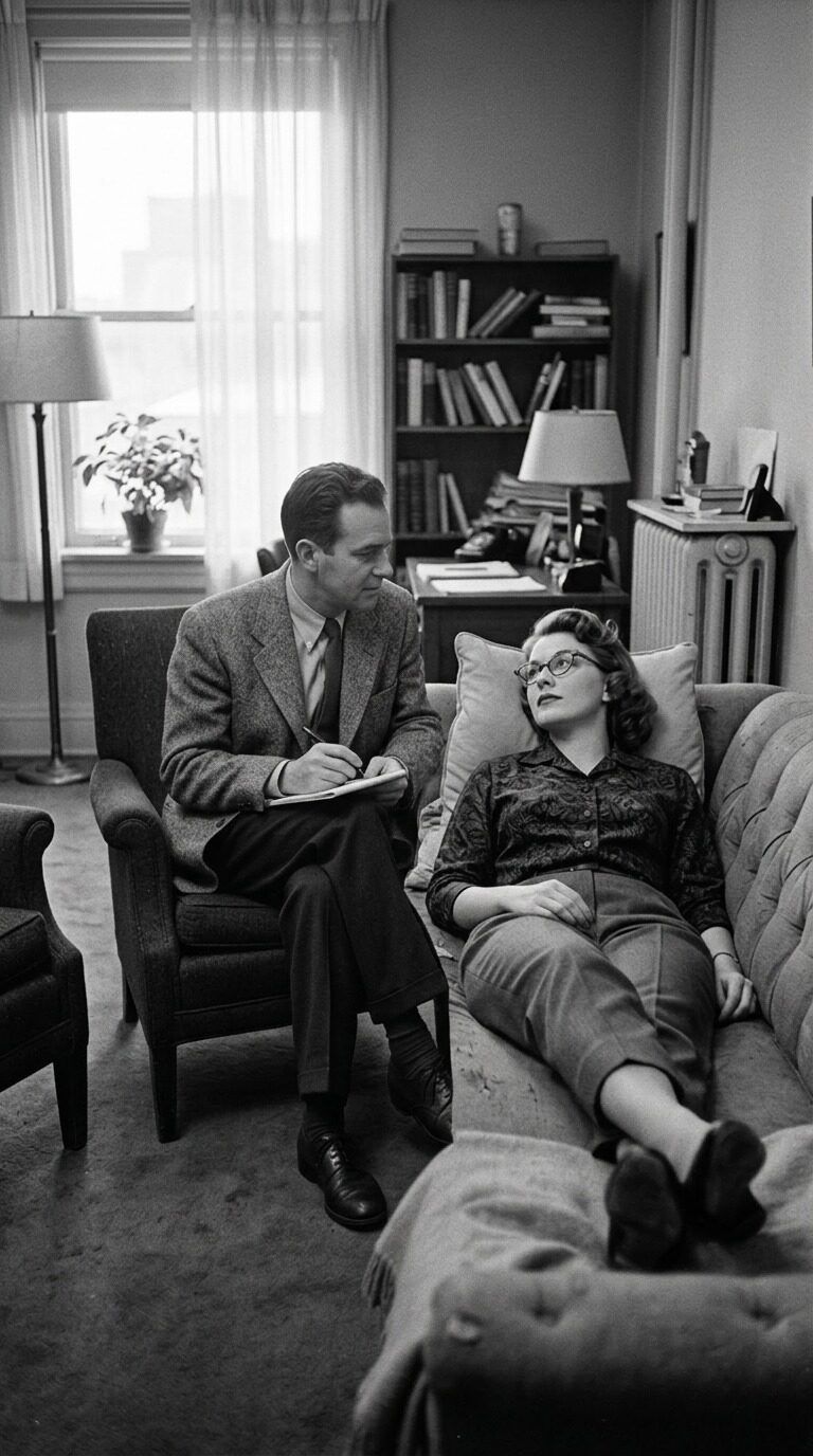 AI-generated black-and-white frame from the Urban Therapy Coffee video: a 1950s-style therapy session.