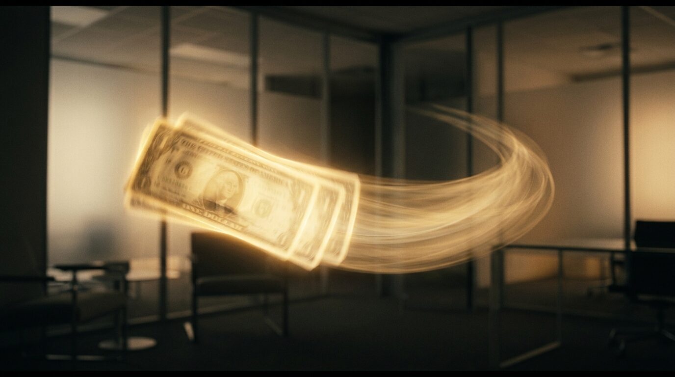 Frame from the Lean Stream film: a glowing dollar bill in motion through a dim glass-walled office.