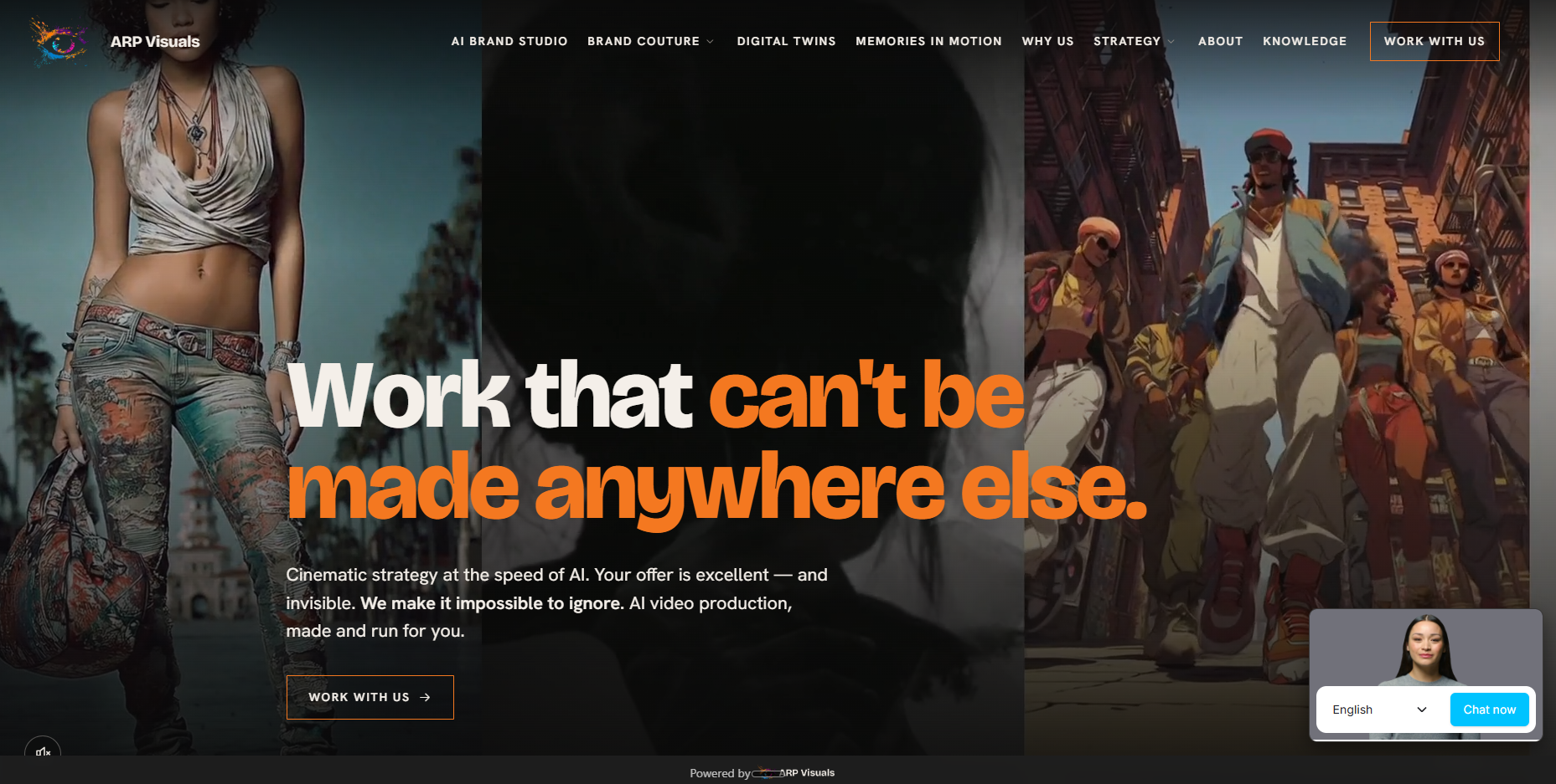 ARP Visuals homepage — a cinematic hero with the headline 'Work that can't be made anywhere else' over brand film stills