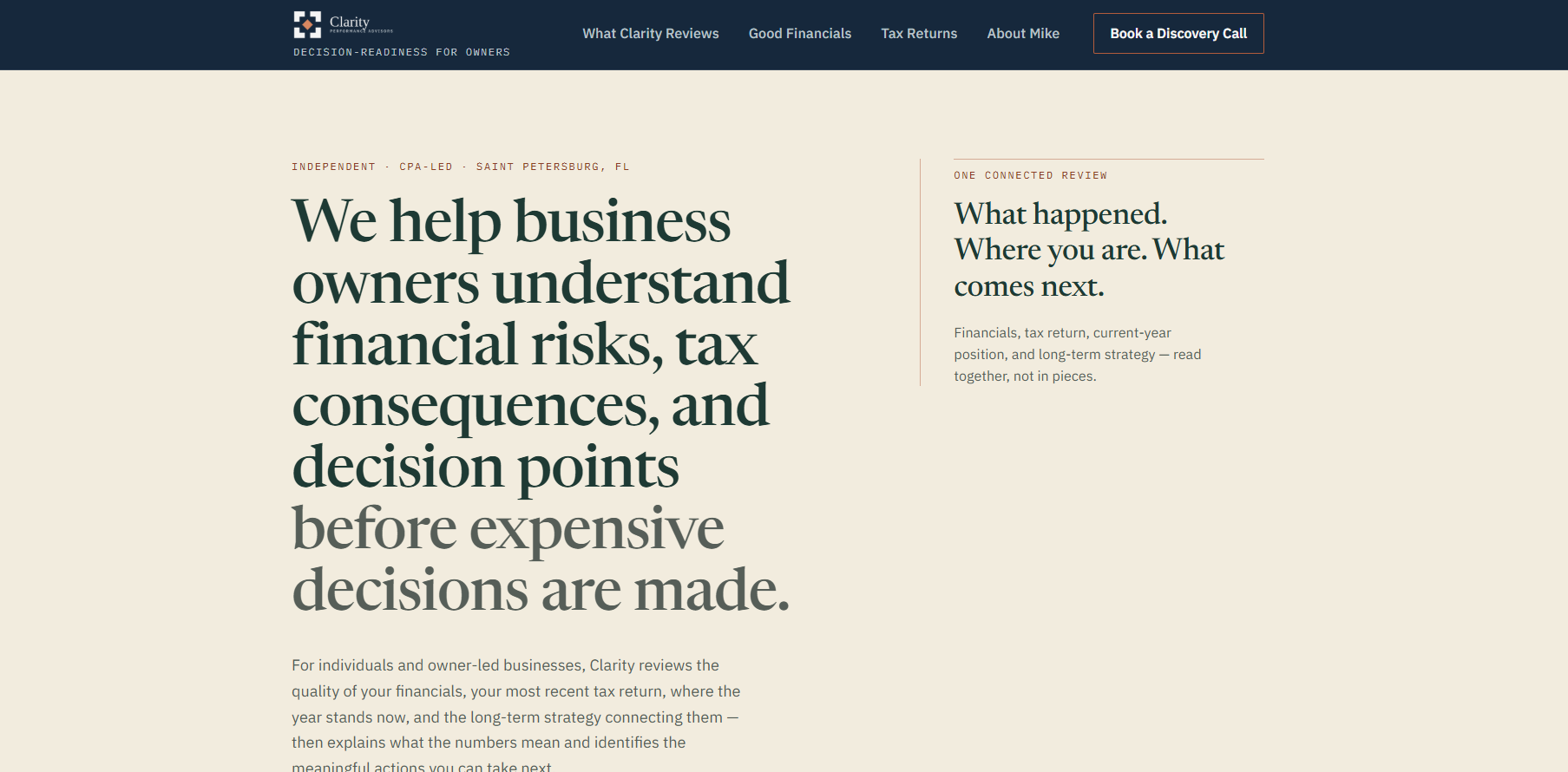 Clarity Performance Advisors homepage — a cream and dark-green CPA-led financial advisory site with the headline 'We help business owners understand financial risks, tax consequences, and decision points before expensive decisions are made.'