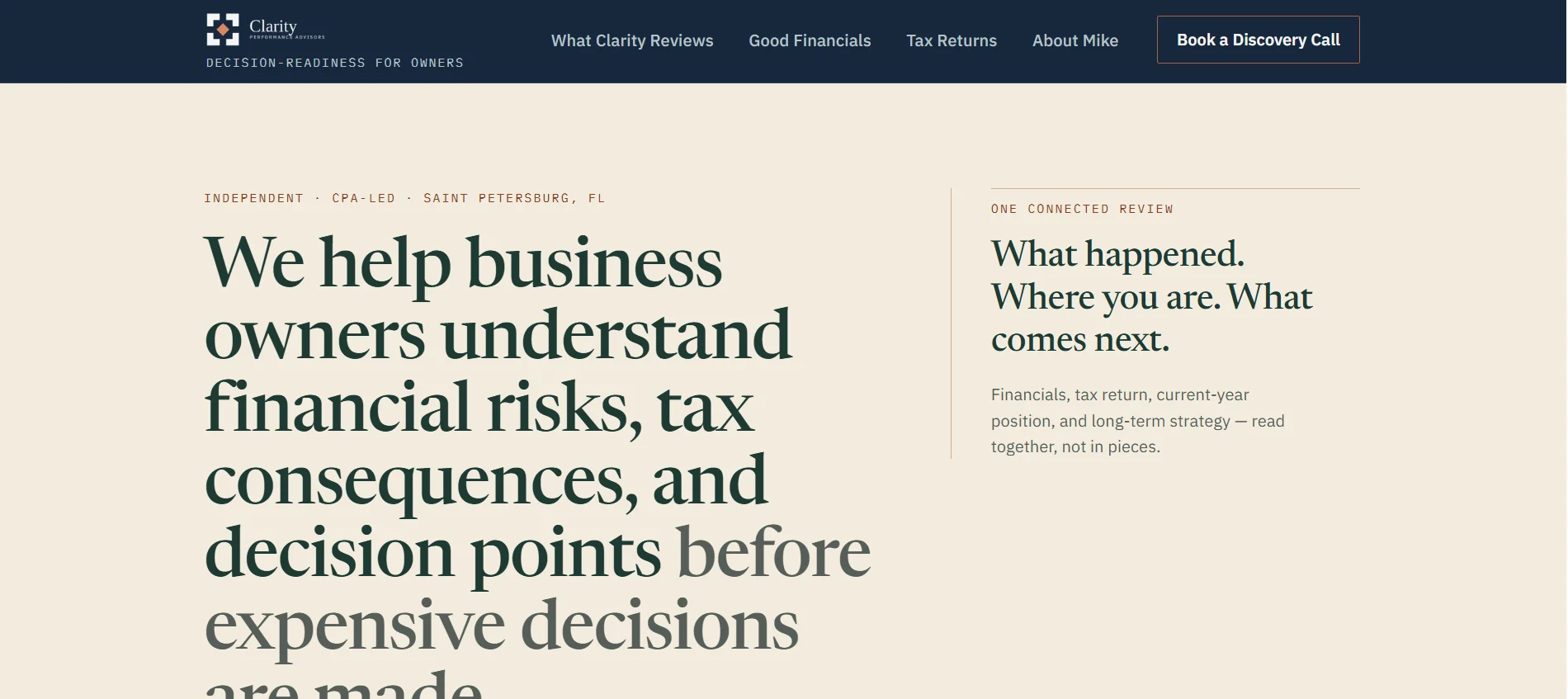 Clarity Performance Advisors homepage — a CPA-led financial advisory site with a dark navy header and a large serif headline about understanding financial risk