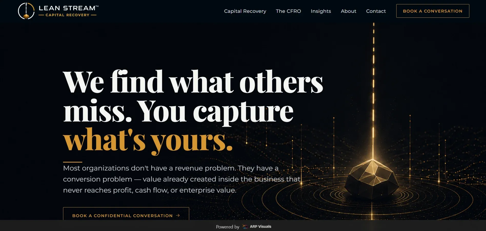 Lean Stream Capital Recovery homepage — a dark navy and gold debt-recovery site with the headline 'We find what others miss. You capture what's yours.'