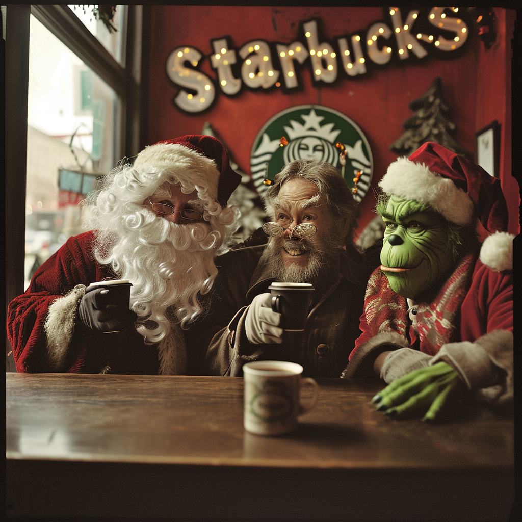 Christmas with the Grinch, Santa and Scrooge at starbucks